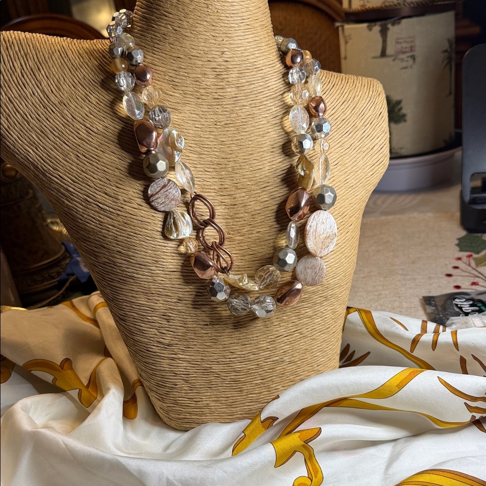 Multi-Strand Neutral Bead Necklace - Brown and Clear